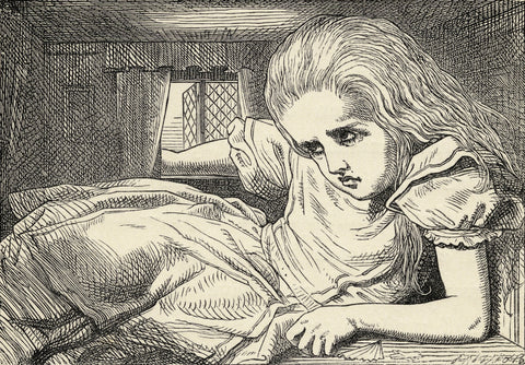 Alice grows too tall for the room, from 'Alice's Adventures in Wonderland' by Lewis Carroll