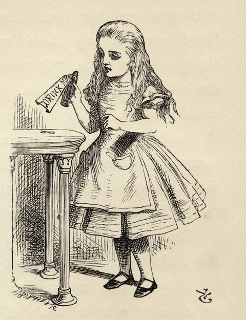 Alice peering at the Drink Me bottle, from 'Alice's Adventures in Wonderland' by Lewis Carroll