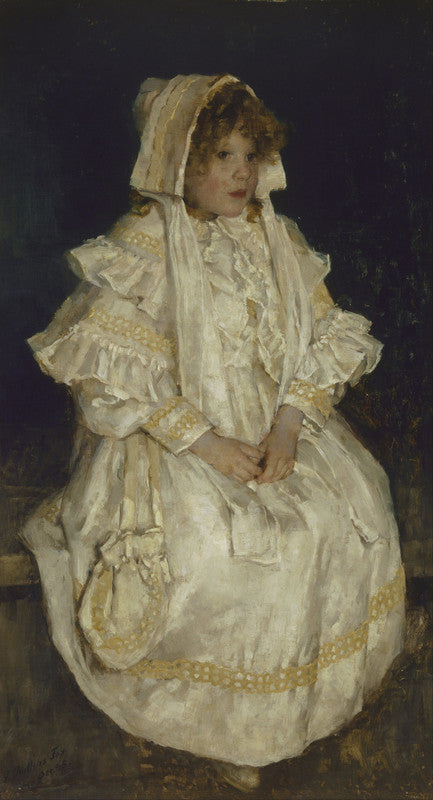 A young girl in an elaborate white lace dress and bonnet stands against a dark background in a three-quarter pose.