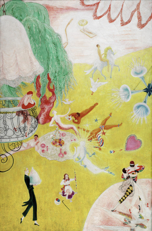 A whimsical 1930 painting depicting figures flying and floating among clouds, trees, and decorative elements in bright yellow, green, pink, and red tones.