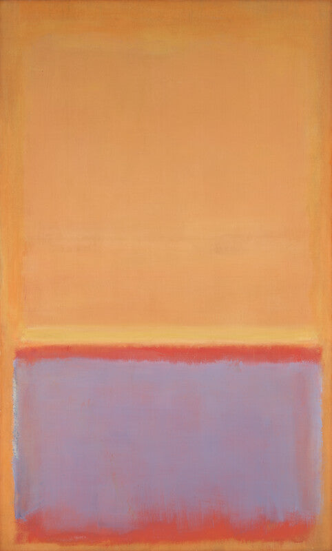 Abstract painting featuring horizontal bands of orange, red, and mauve colors on a warm-toned background.