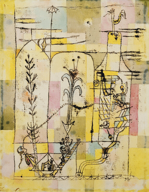 Paul Klee's "Tale à la Hoffmann" features abstract line drawings of botanical and figurative forms in yellow, pink, and blue geometric sections.