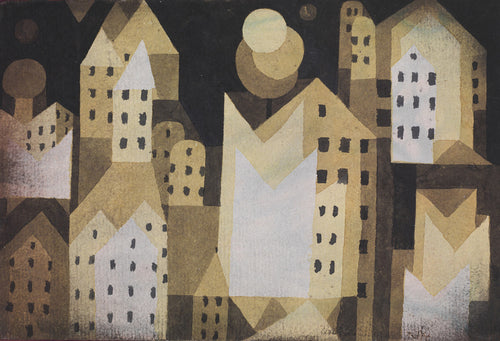 A geometric cityscape with tan and white buildings arranged densely against a dark background, featuring small dark windows and circular moons.