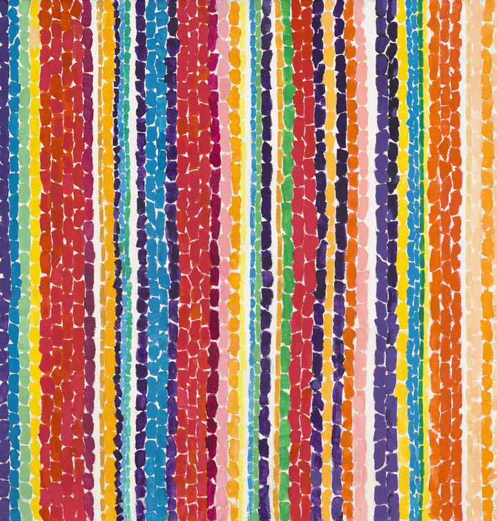 Vertical stripes of varied widths in blue, red, yellow, green, orange, pink, and purple composed of small fragmented shapes.
