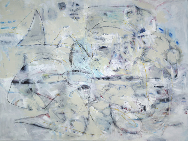 Abstract mixed-media painting featuring intertwined linear forms and gestural marks in predominantly white, gray, blue, and muted earth tones.