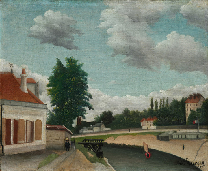 A suburban Parisian landscape with white and red buildings, a wooden bridge over a canal, trees, and a blue-green sky with white clouds.