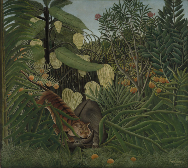 A tiger and buffalo clash amid dense jungle vegetation with hanging yellow flowers and orange fruits against a blue-grey sky.