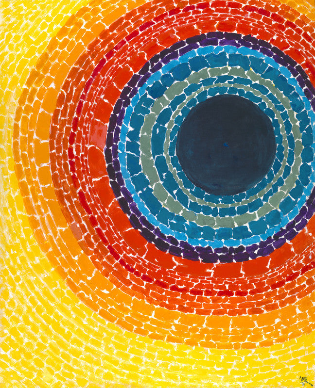Concentric circles of mosaic tiles radiate from a dark center, transitioning from warm yellows and reds to cool blues and purples.