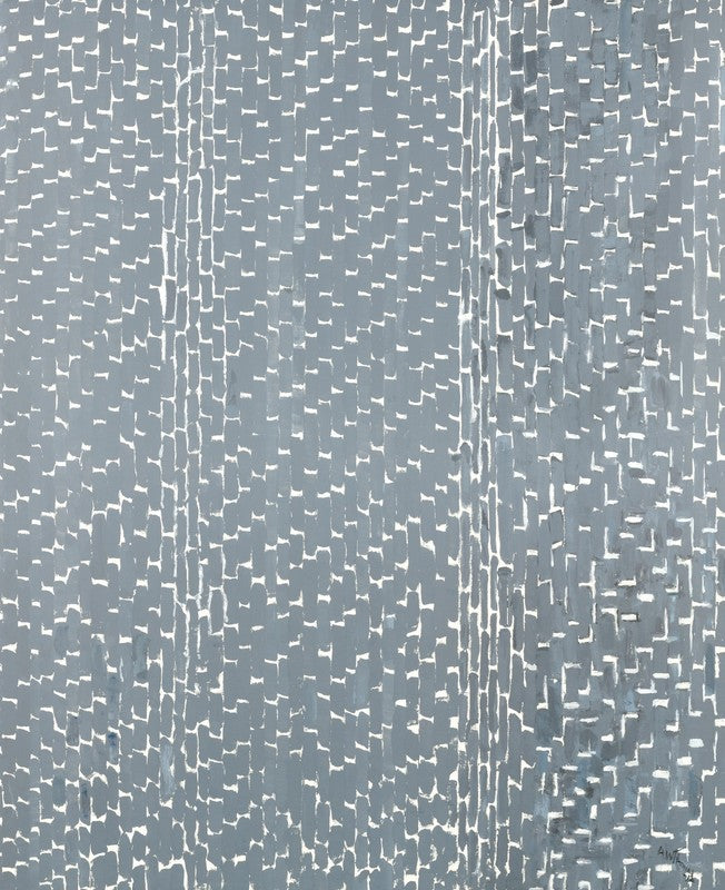 Abstract artwork composed of white and light gray rectangular marks densely arranged in vertical columns against a darker gray background.
