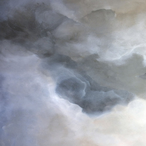 Abstract painting depicting soft, billowing clouds in whites, grays, and pale blues with atmospheric, layered brushwork.