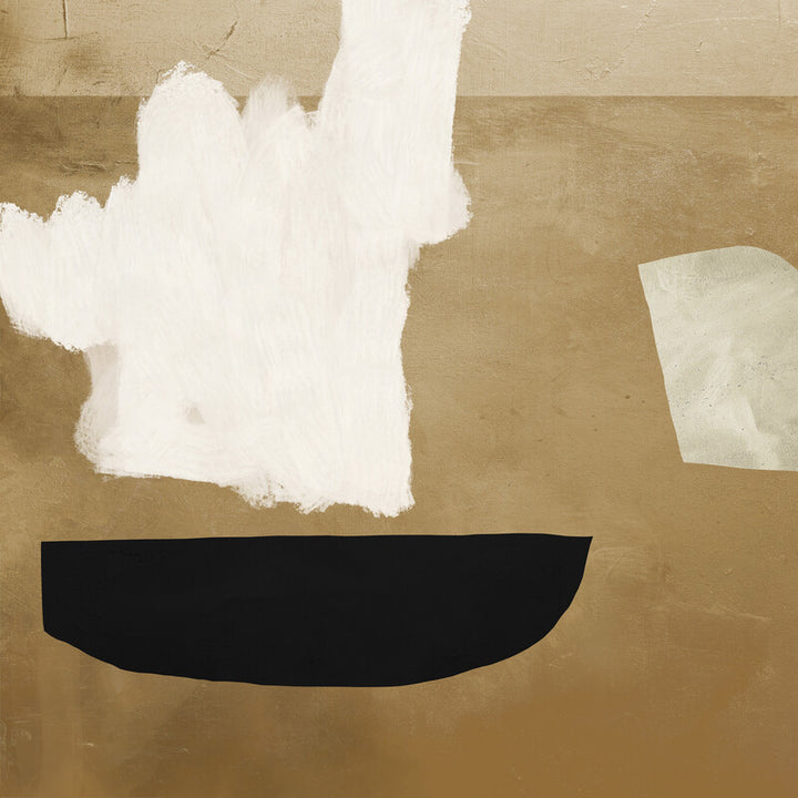Abstract artwork on tan canvas featuring a white gestural form, black curved shape, and cream rectangle against a muted palette.