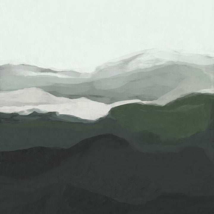 Abstract layered landscape painting with undulating hills in shades of white, gray, green, and black.