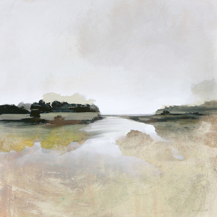 A misty landscape painting depicting a winding waterway through marshland with golden and green tones beneath a pale sky.