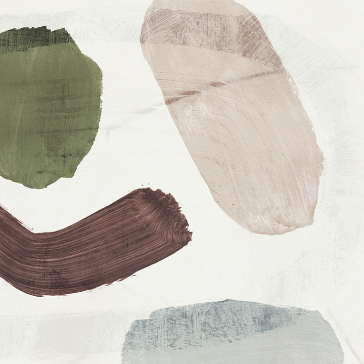 Abstract painting featuring four brushstrokes in green, beige, dark red, and blue-gray on a light cream background.