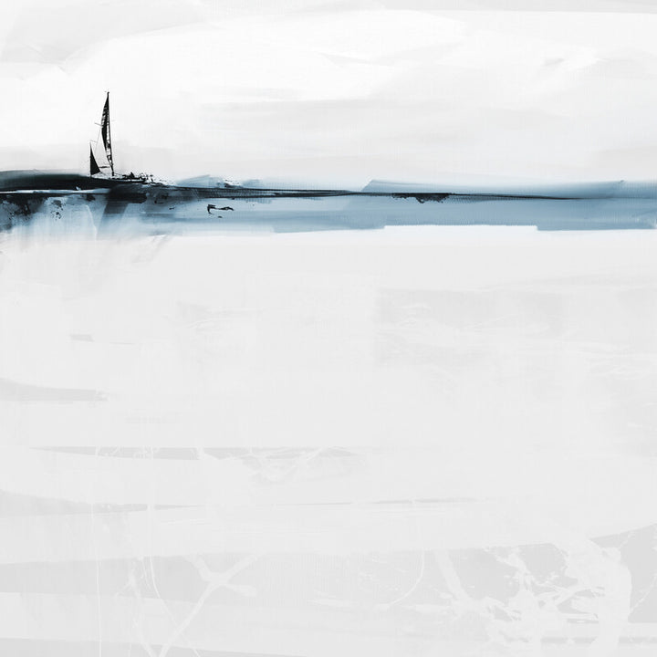 A sailboat rests on a rocky shore beneath misty mountains, rendered in shades of blue, gray, and white.