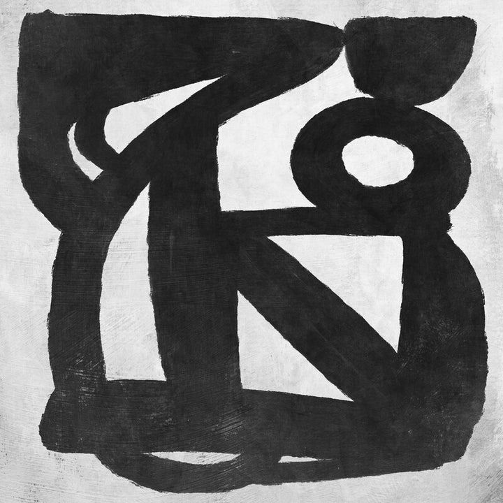 Abstract black geometric shapes and curved forms arranged on a white background in a monochromatic composition.