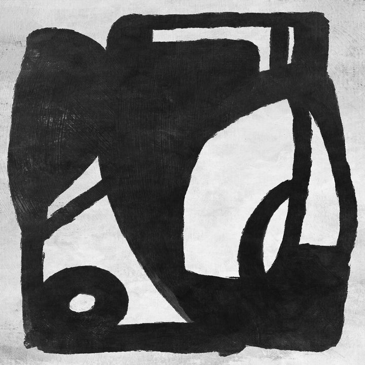 Abstract black and white composition featuring geometric shapes and curved forms arranged within a rectangular frame.
