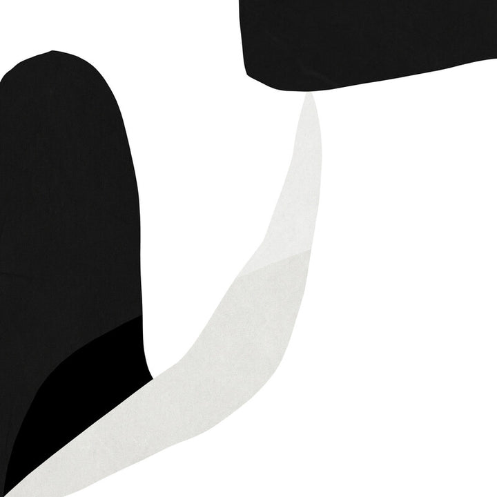 Abstract composition featuring black curved shapes and a gray curved form on white background.