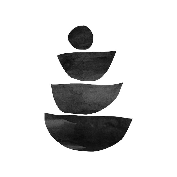 Stacked black geometric shapes comprising a circle and three semicircles arranged vertically on a white background.