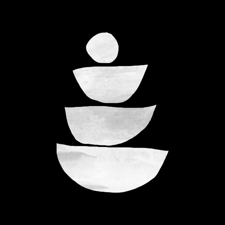 A vertical stack of three white bowl shapes and a white circle against a black background.