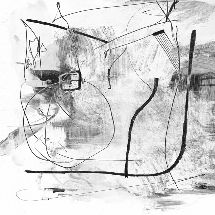 Abstract artwork in black ink and graphite on white paper featuring gestural lines, curved forms, and brushstrokes.