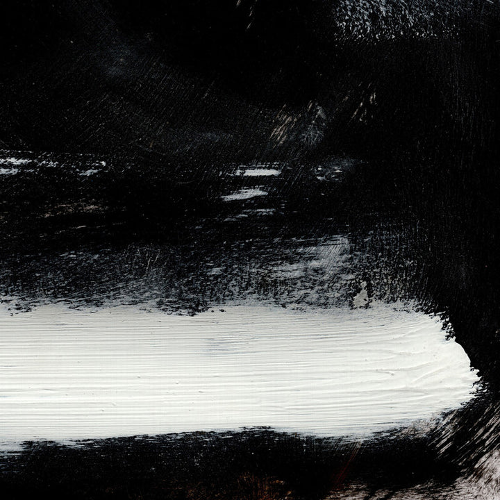 Abstract artwork featuring a horizontal white band centered between dark black textured areas with visible brushstrokes.