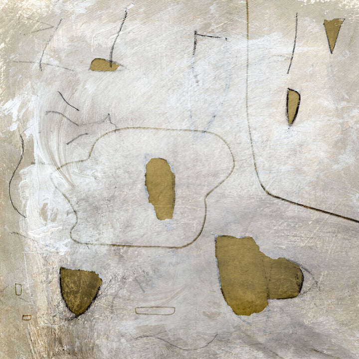 Abstract artwork with mustard-yellow organic shapes on cream and white background with thin linear elements.