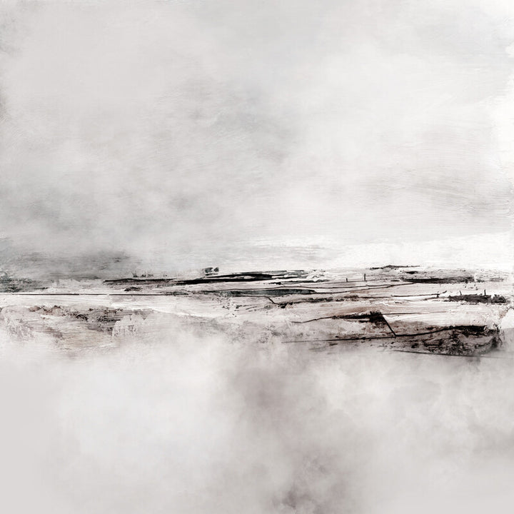 Misty landscape painting depicting a ranch with horizontal layers of beige, gray, and black tones beneath a clouded sky.
