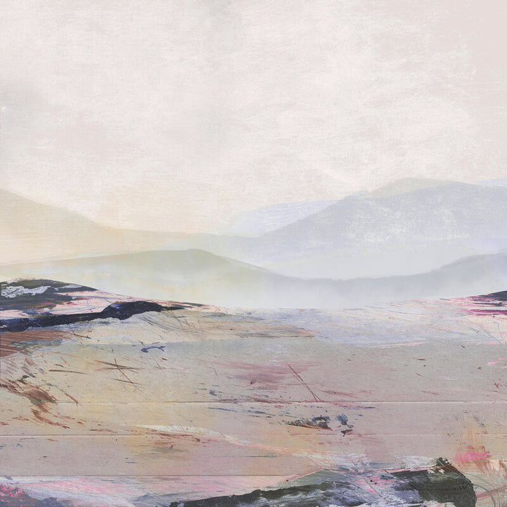Abstract landscape painting featuring layered mountains in soft blues and grays with pink and ochre terrain in the foreground.