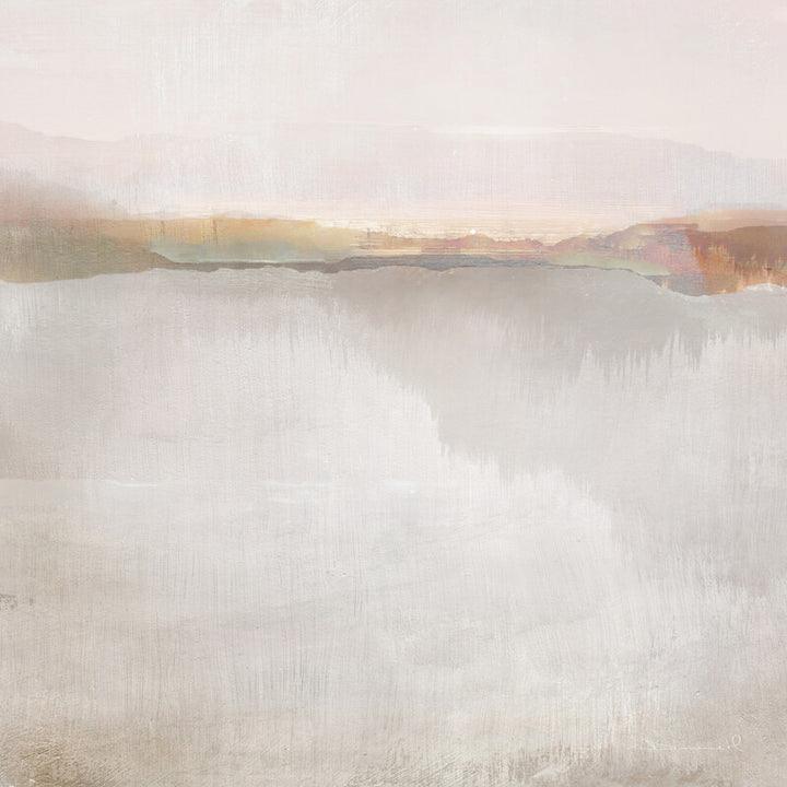 Abstract landscape painting featuring a misty lake with distant mountains in warm beige, gold, and soft pink tones against a pale sky.