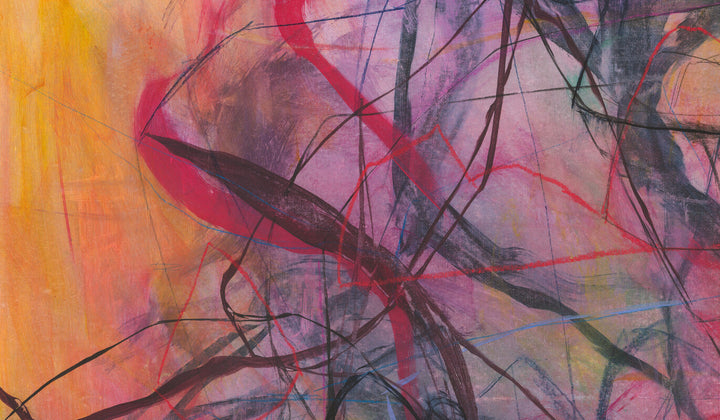 Abstract painting with sweeping brushstrokes in warm oranges, reds, pinks, and purples overlaid with dark linear elements.