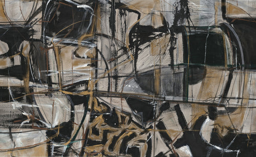Abstract mixed-media artwork featuring overlapping geometric shapes in black, tan, white, and gray with linear elements throughout the composition.