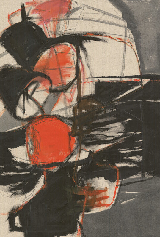 Abstract artwork featuring bold black lines and red circular shapes overlaid on cream and gray backgrounds.