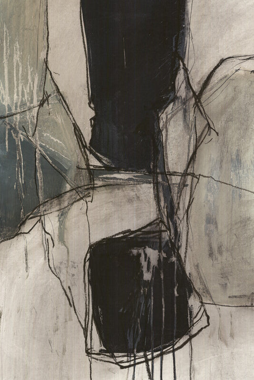 Abstract artwork featuring vertical black strokes and shapes against a light beige and gray background with gestural line work.