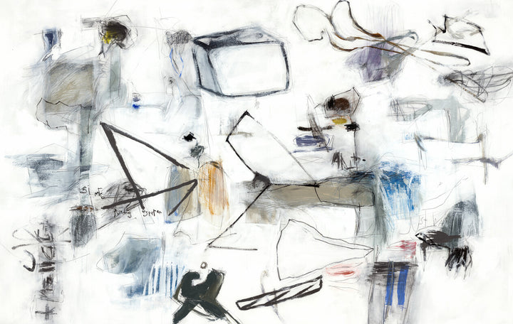 Abstract mixed media artwork with sketched lines, geometric shapes, and washes of blue, grey, tan, and black on white background.
