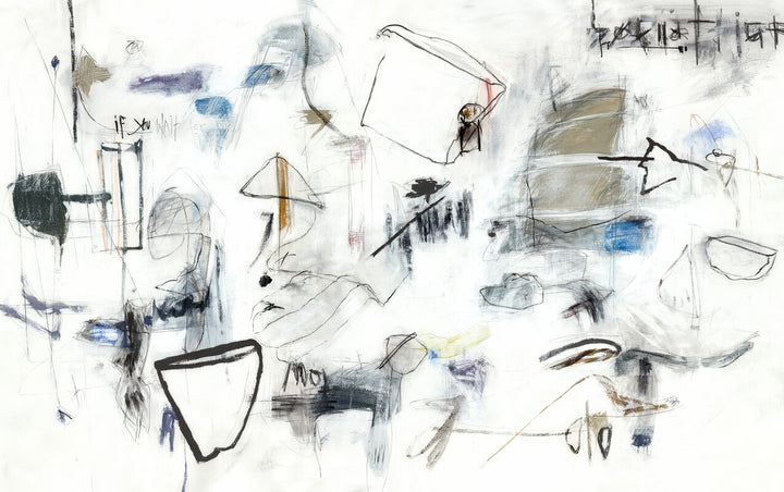 Abstract mixed-media artwork featuring gestural marks, line drawings, and colored washes in black, blue, tan, and gray on a white background.