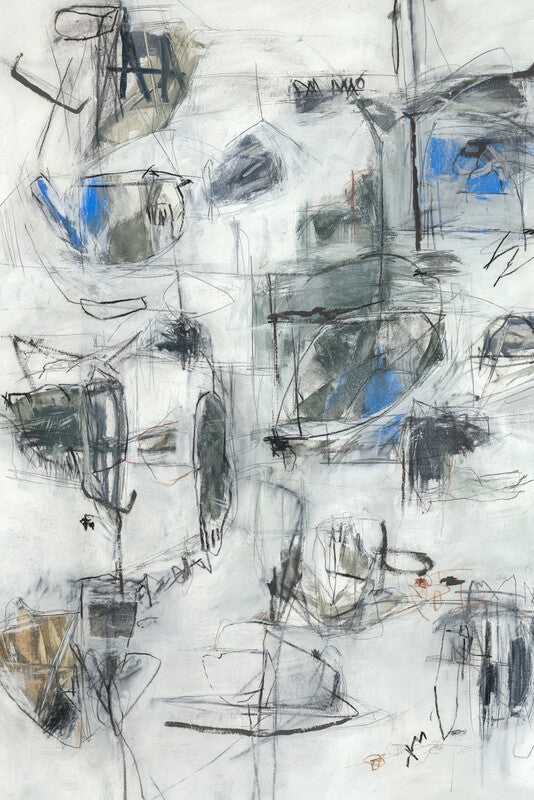 Abstract mixed media artwork with overlapping gestural marks, geometric shapes, and figures rendered in black, blue, gray, and tan on white paper.