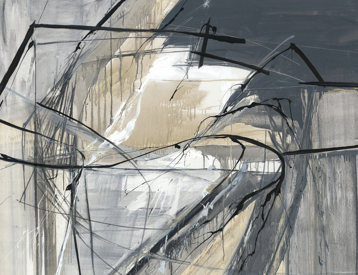 Abstract artwork featuring black gestural lines and brushstrokes across a neutral palette of white, gray, and beige tones.
