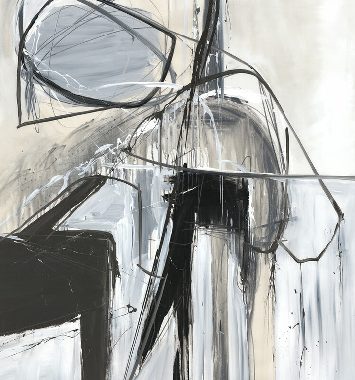Abstract artwork featuring sweeping black lines and geometric shapes against white, gray, and beige brushstrokes on canvas.