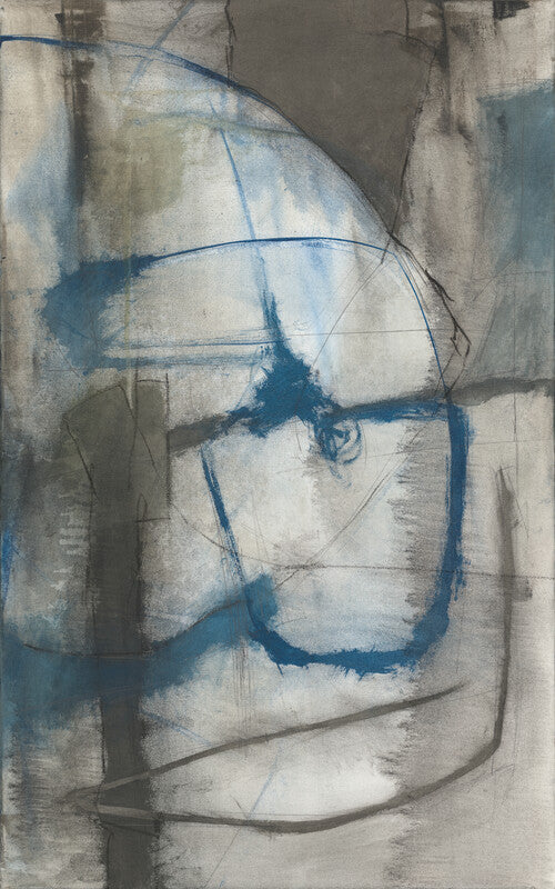 Abstract portrait composed of geometric shapes in blue, gray, and cream tones on a textured neutral background.