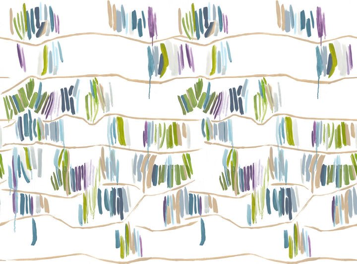 Abstract artwork featuring horizontal wavy tan lines with clusters of vertical colored brushstrokes in green, blue, purple, and beige throughout.