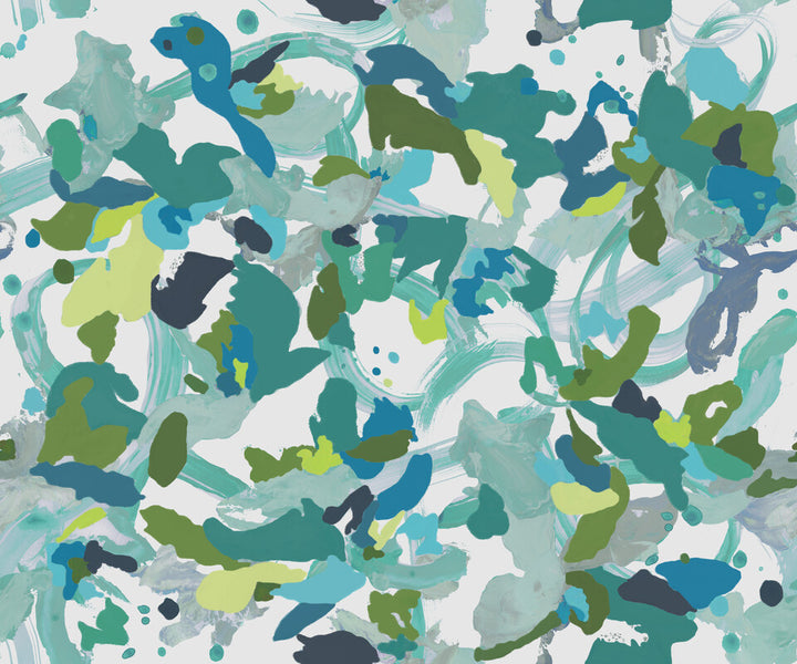 Abstract artwork composed of overlapping organic shapes in shades of teal, blue, green, yellow, and dark navy on a light background.