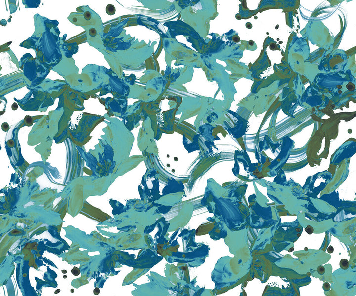 Abstract floral artwork featuring overlapping organic shapes in shades of blue, green, and teal on a white background.