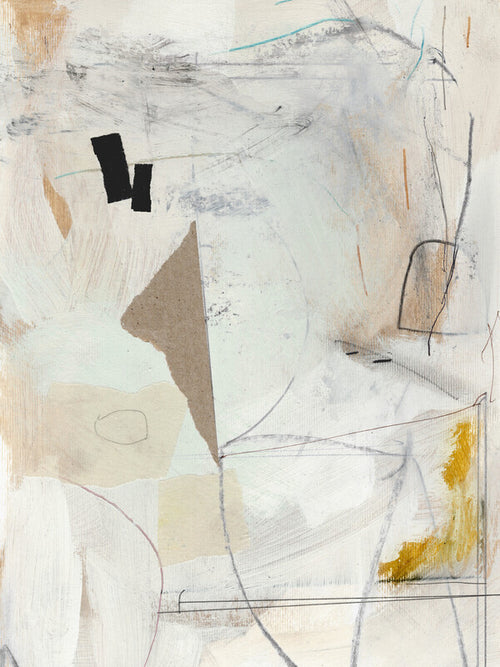 Abstract mixed-media artwork featuring geometric shapes, sketched lines, and layered textures in white, beige, black, and yellow tones.