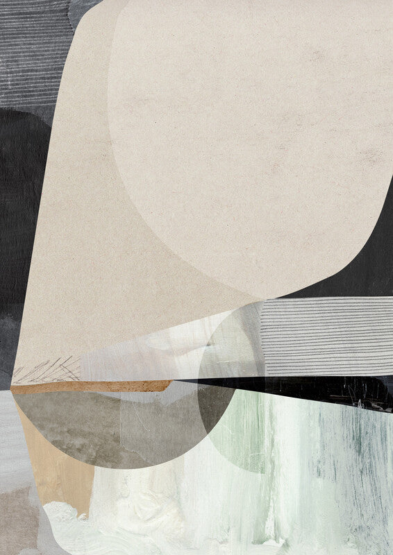 Abstract composition featuring overlapping geometric shapes in cream, gray, black, and green tones on a textured background.