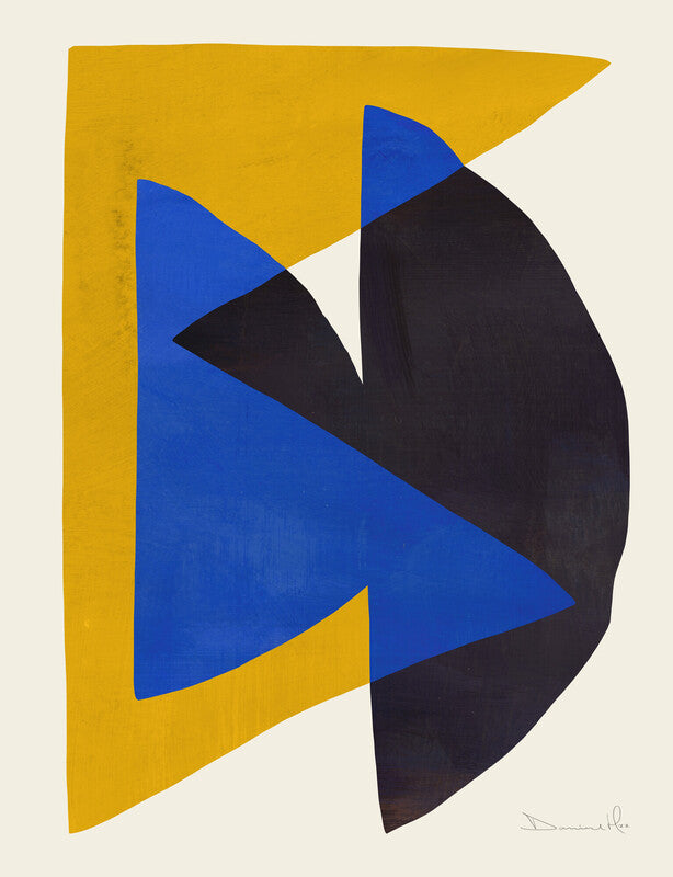 Abstract geometric composition featuring blue triangular shapes, yellow and black curved forms arranged on a cream background.