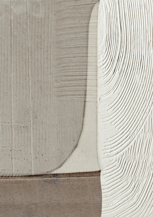Abstract artwork with curved linear patterns in white and beige tones divided into textured sections.