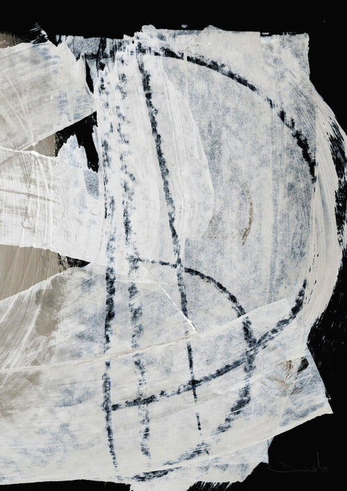 Abstract artwork featuring white and cream fabric with dark blue and black linear marks arranged in curved, intersecting patterns on black background.