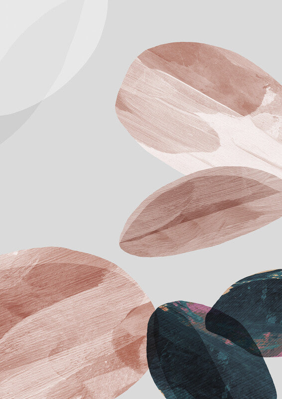 Abstract brushstroke composition featuring overlapping organic shapes in rose, mauve, and dark teal on a light gray background.