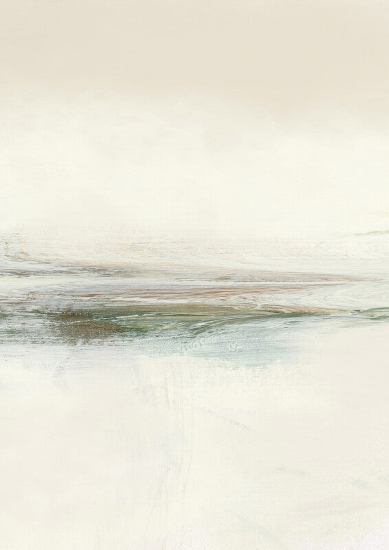 Abstract horizontal landscape with muted beige, gray, and green tones depicting a calm waterscape.